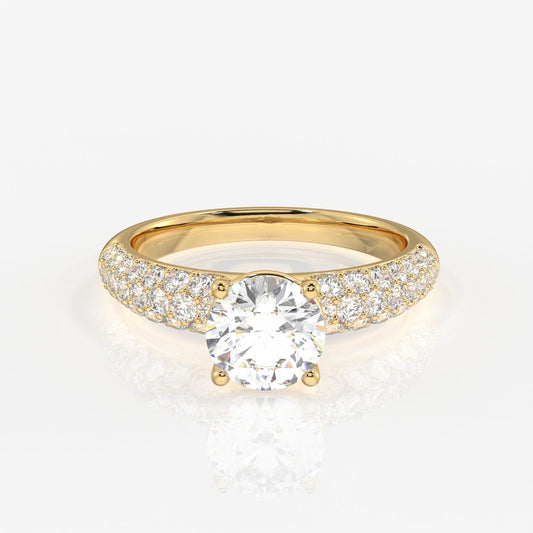 Round Cut Moissanite Diamond Three lane Pave 18k Gold Ring