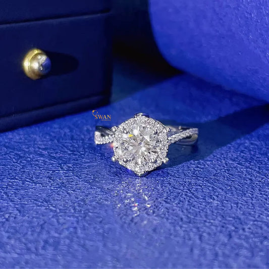 Round Cut Solitaire Halo Moissanite Engagement Ring in 925 Sterling Silver with Pavé Band Elegant Bridal Jewelry Gift for Her swandiamond